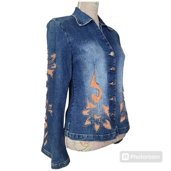 Vintage Y2K Crest Jeans Size Small-Medium Blue Denim Jacket Faux Brown Suede - Picture 4 of 12